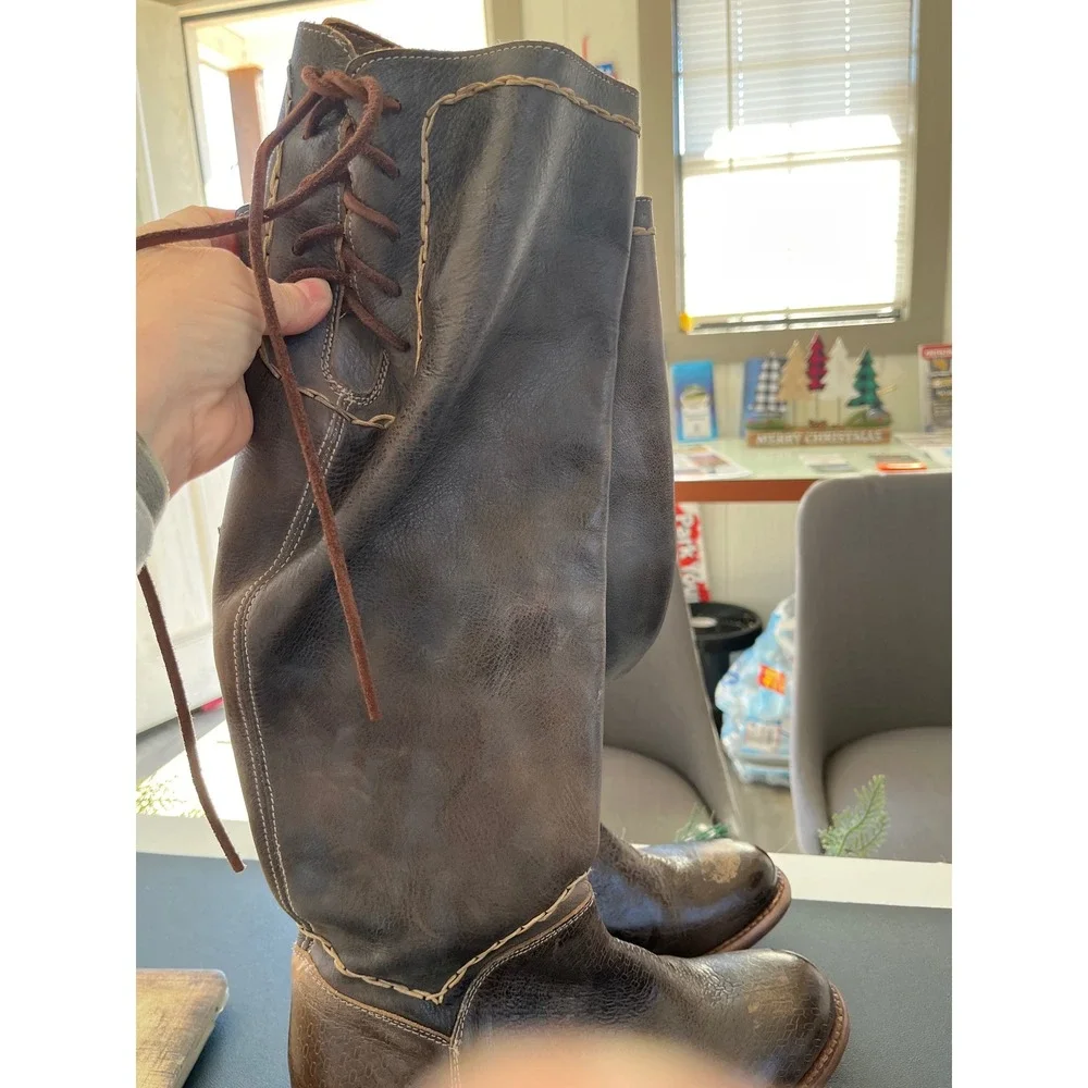 BED STU Women's Brown Leather Tall Lace Up‎ Side Zip Boots Size 8
